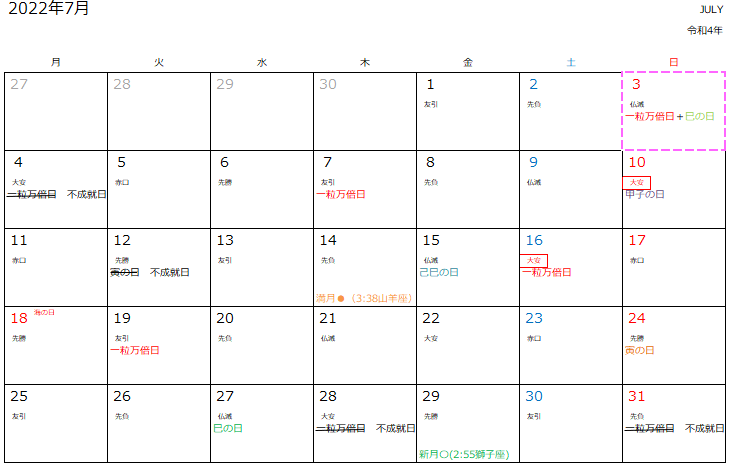 ７月開運カレンダー
