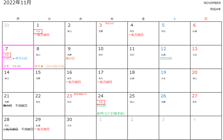 １１月開運カレンダー